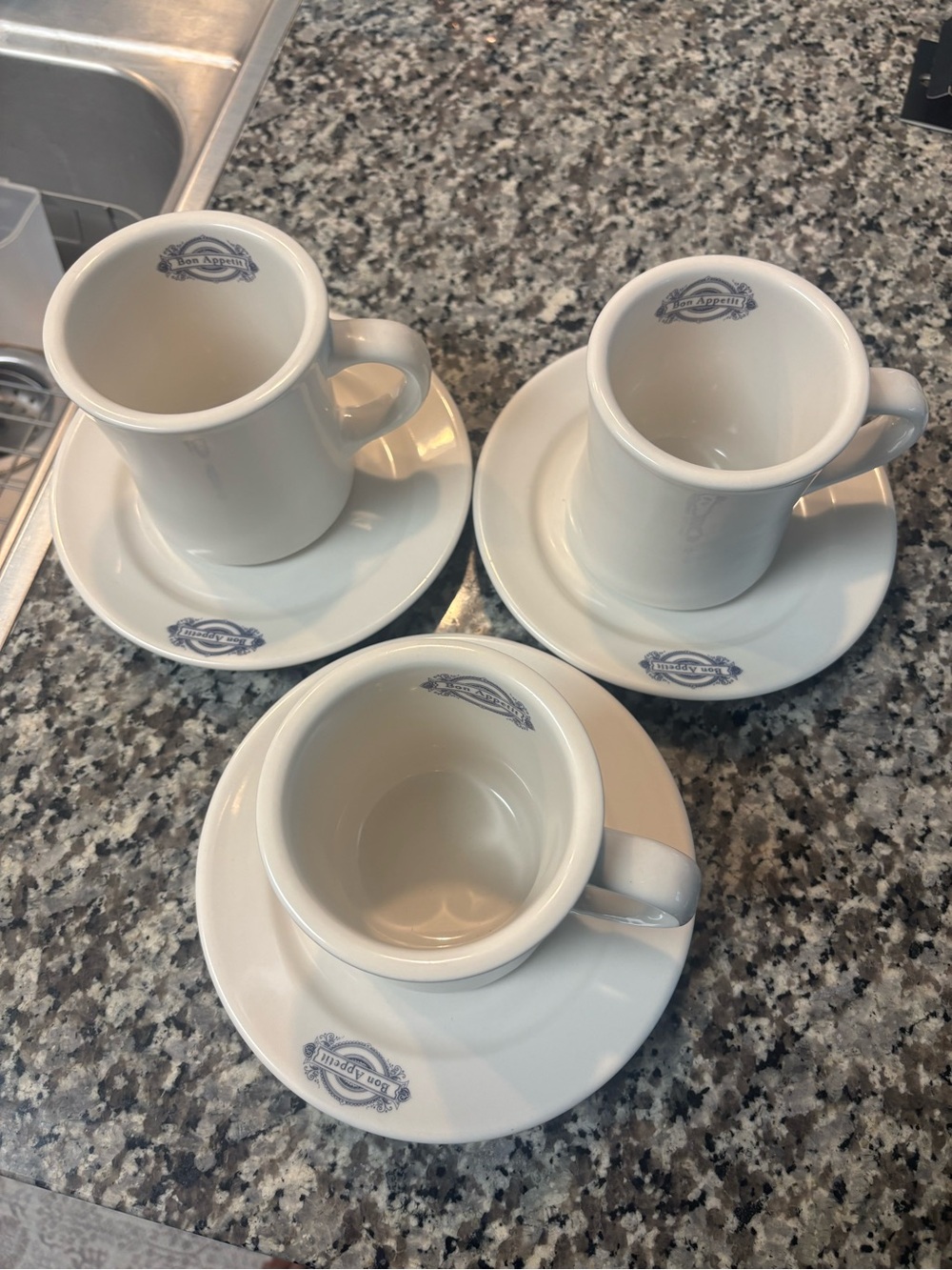 Set of 3 Crate & Barrel "Bon Appetit" porcelain cups and saucers